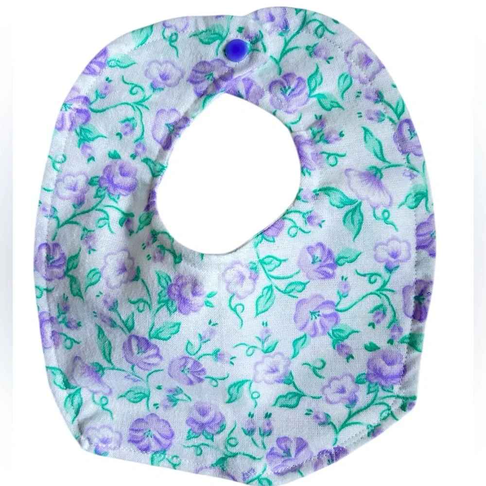 Hand Crafted Purple Floral Baby Bib with Green Leaves Soft Flannel 0-3 months
